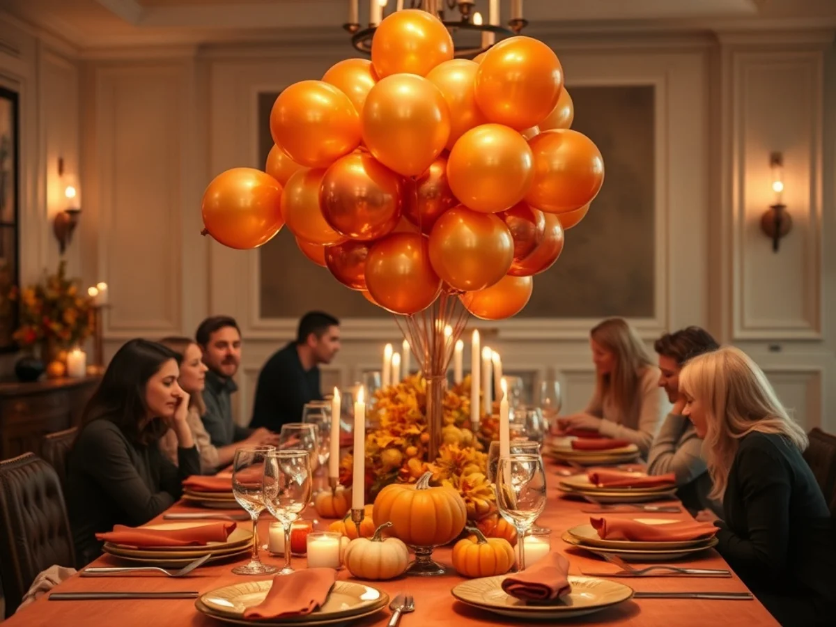 Warm Thanksgiving table with autumn-toned decorations, orange and gold balloon cluster and coordinated tableware