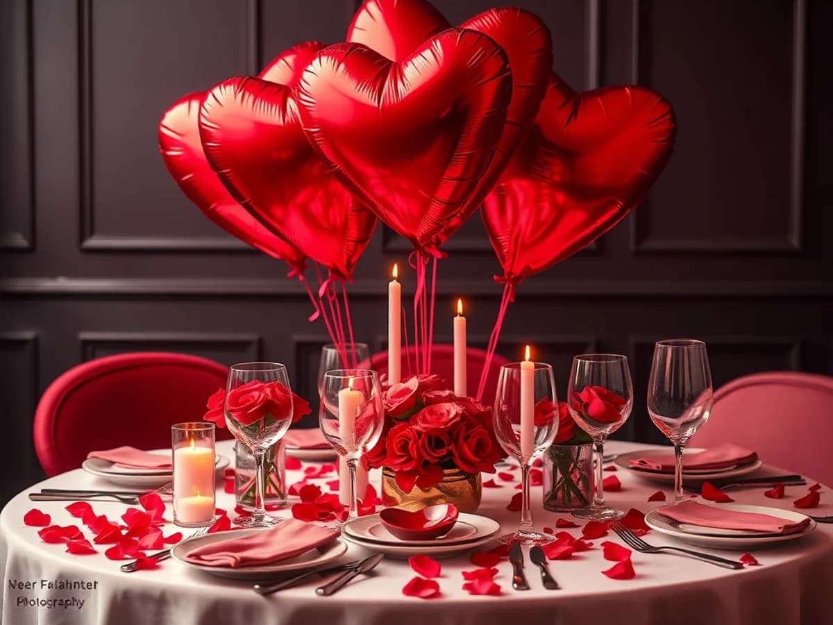 Romantic Valentine's Day setup with red and pink heart balloons, roses and elegant table decorations