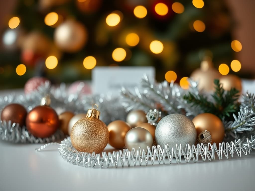 Festive holiday party decorations with ornaments, lights and seasonal accents