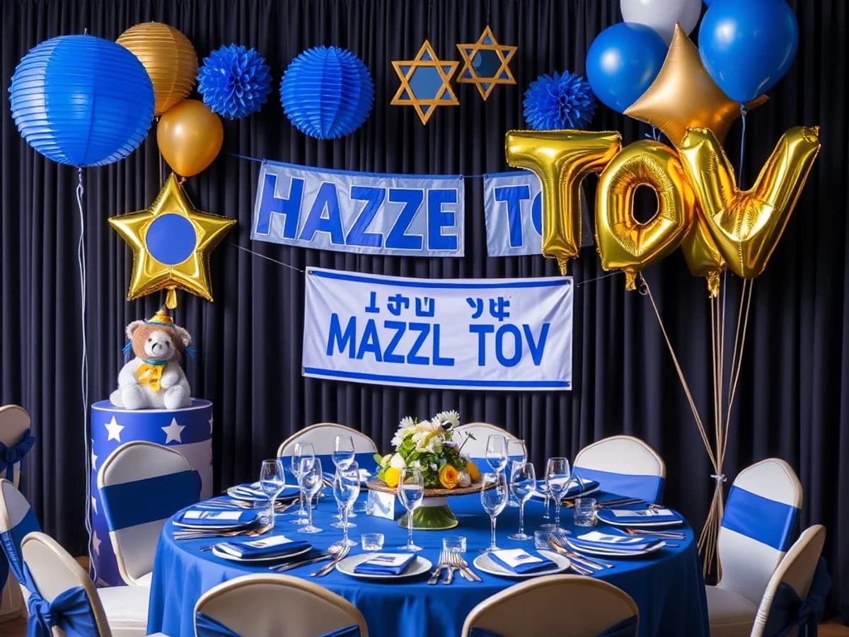 Jewish celebration supplies including Star of David decorations, blue and gold tableware and Mazel Tov banner
