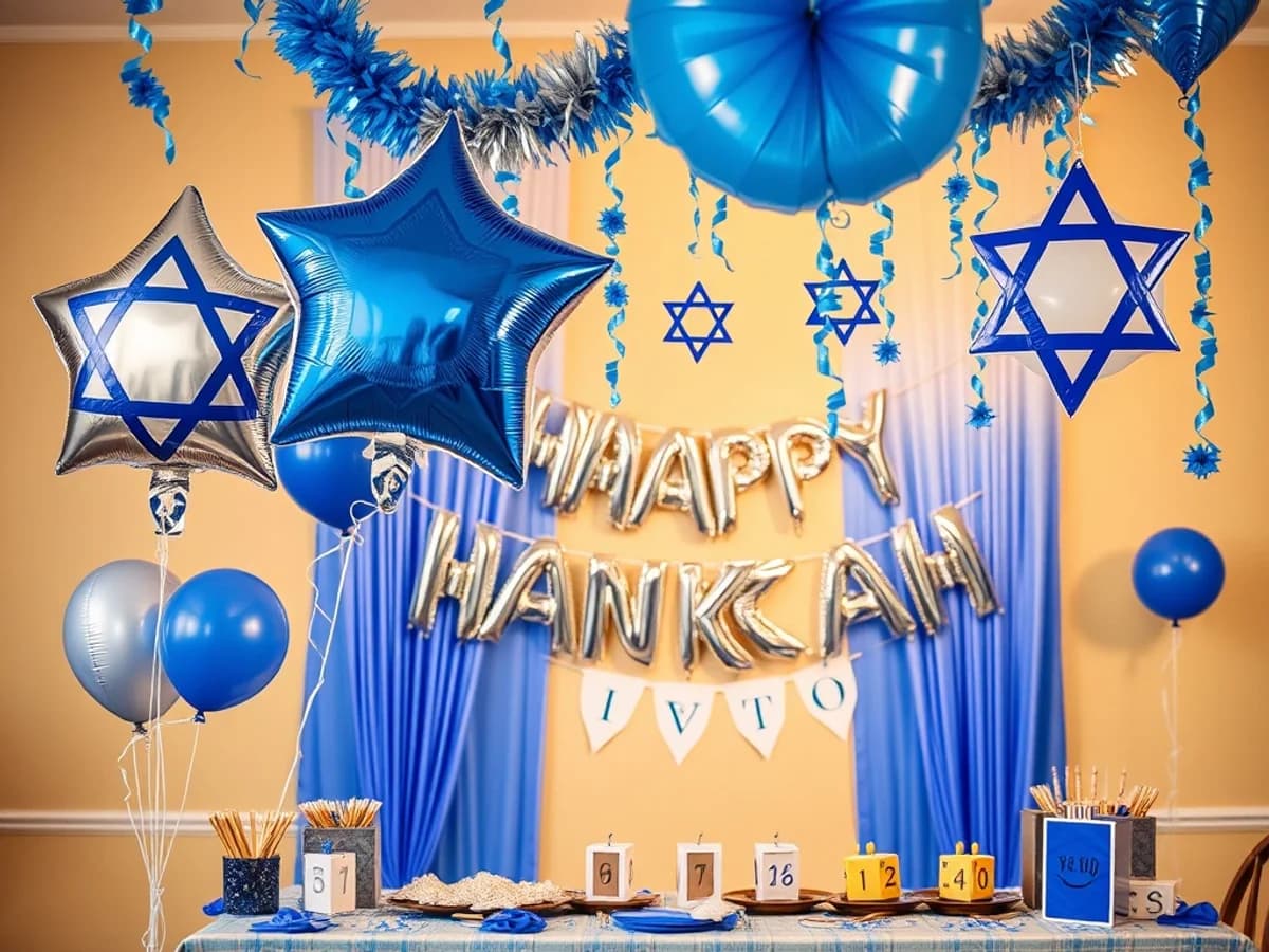 Hanukkah party decorations including Star of David balloons, blue and silver banner and hanging decor