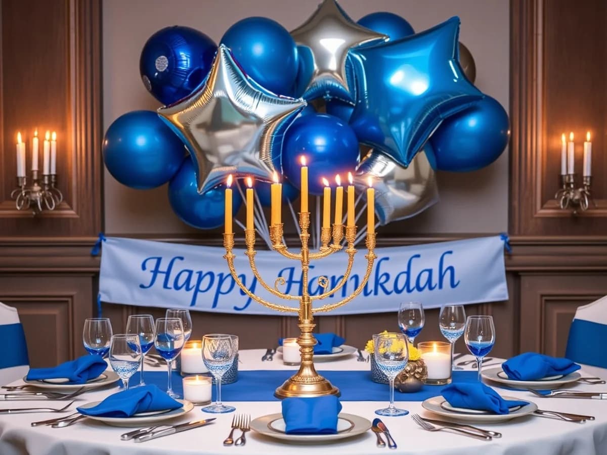 Blue and silver Hanukkah party table with menorah, Star of David decorations and festive tableware