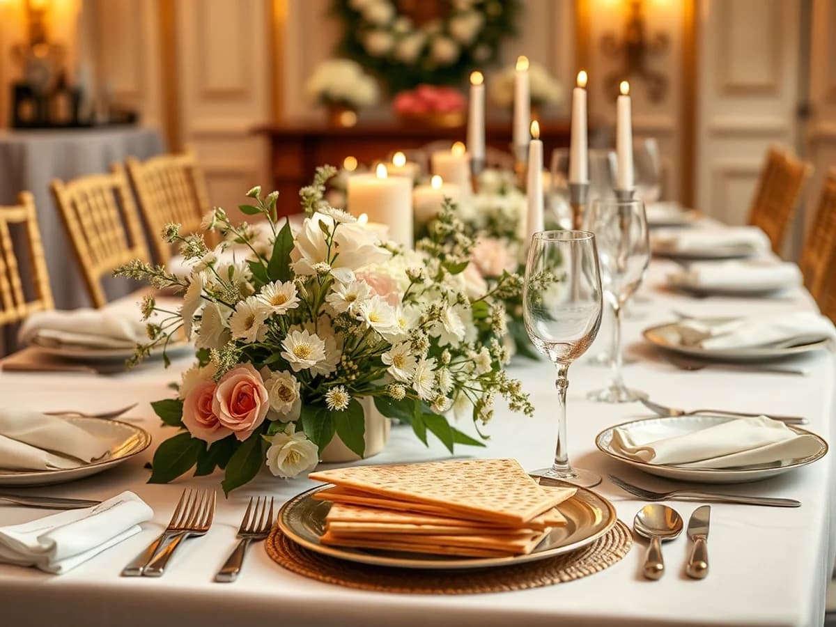 Passover Seder table with traditional tableware, matzah and spring flowers for a Pesach celebration