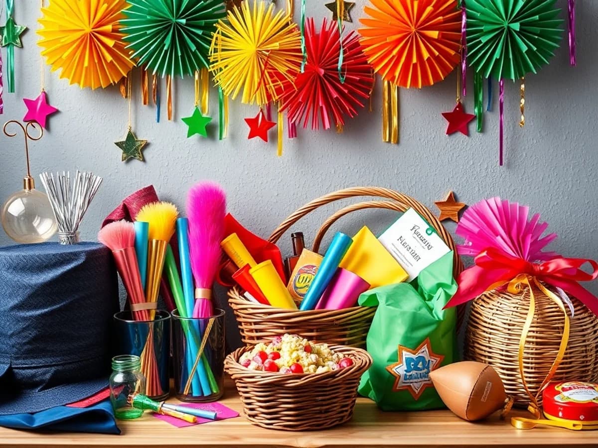 Colourful Purim party supplies including costumes, noisemakers and mishloach manot gift bags