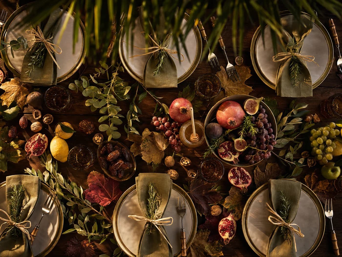 Sukkot table styled from above with gold plates, green napkins, pomegranates, grapes, figs and eucalyptus under palm fronds