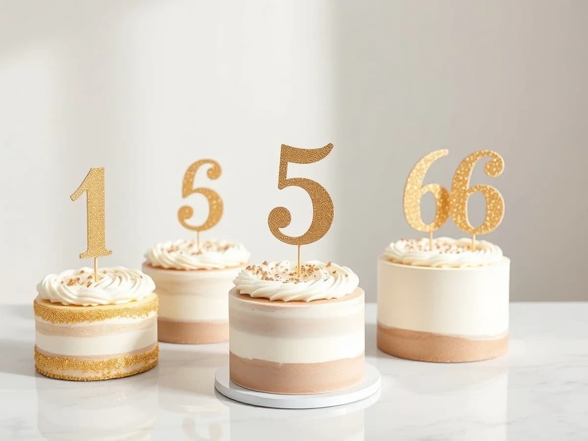 Elegant gold glitter number cake topper on a decorated celebration cake at a birthday party