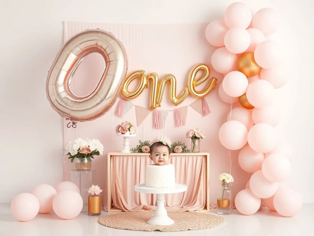 Sweet first birthday party setup with ONE balloons, floral decorations and smash cake display