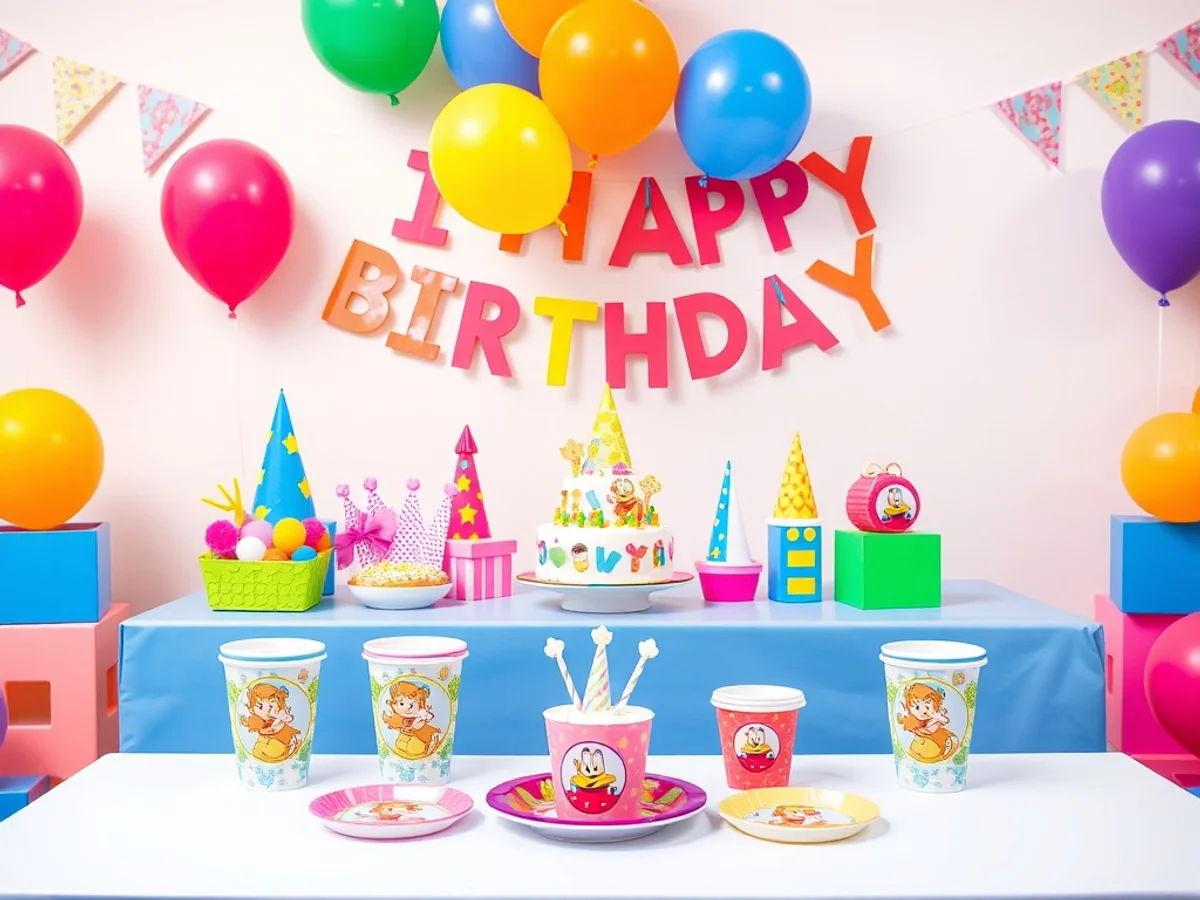 Bright and colourful kids birthday party table with themed balloons, tableware and decorations