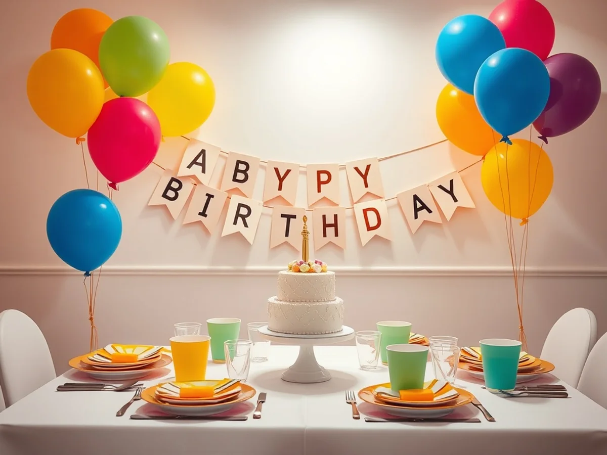 Colourful birthday party table setup with balloons, banner and coordinated tableware