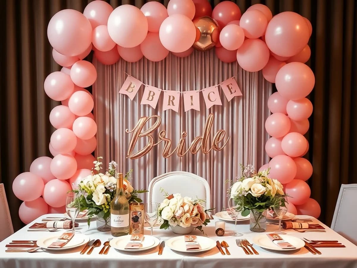 Elegant bridal shower setup with blush and rose gold balloons, floral accents and coordinated tableware
