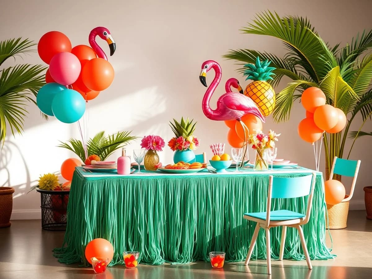 Tropical luau party setup with bright floral decorations, grass skirts, leis and pineapple balloons