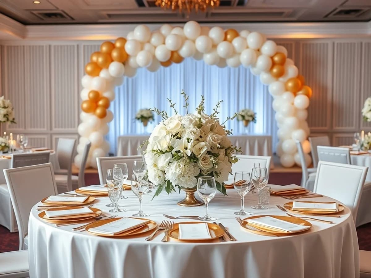Elegant wedding reception table with white and gold decor, balloon arch in the background