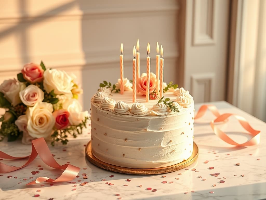 Elegant birthday and special occasion celebration setup with flowers, candles and decorations