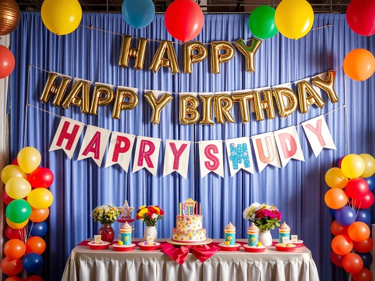 Colourful Happy Birthday banner hung above a decorated party table with balloons