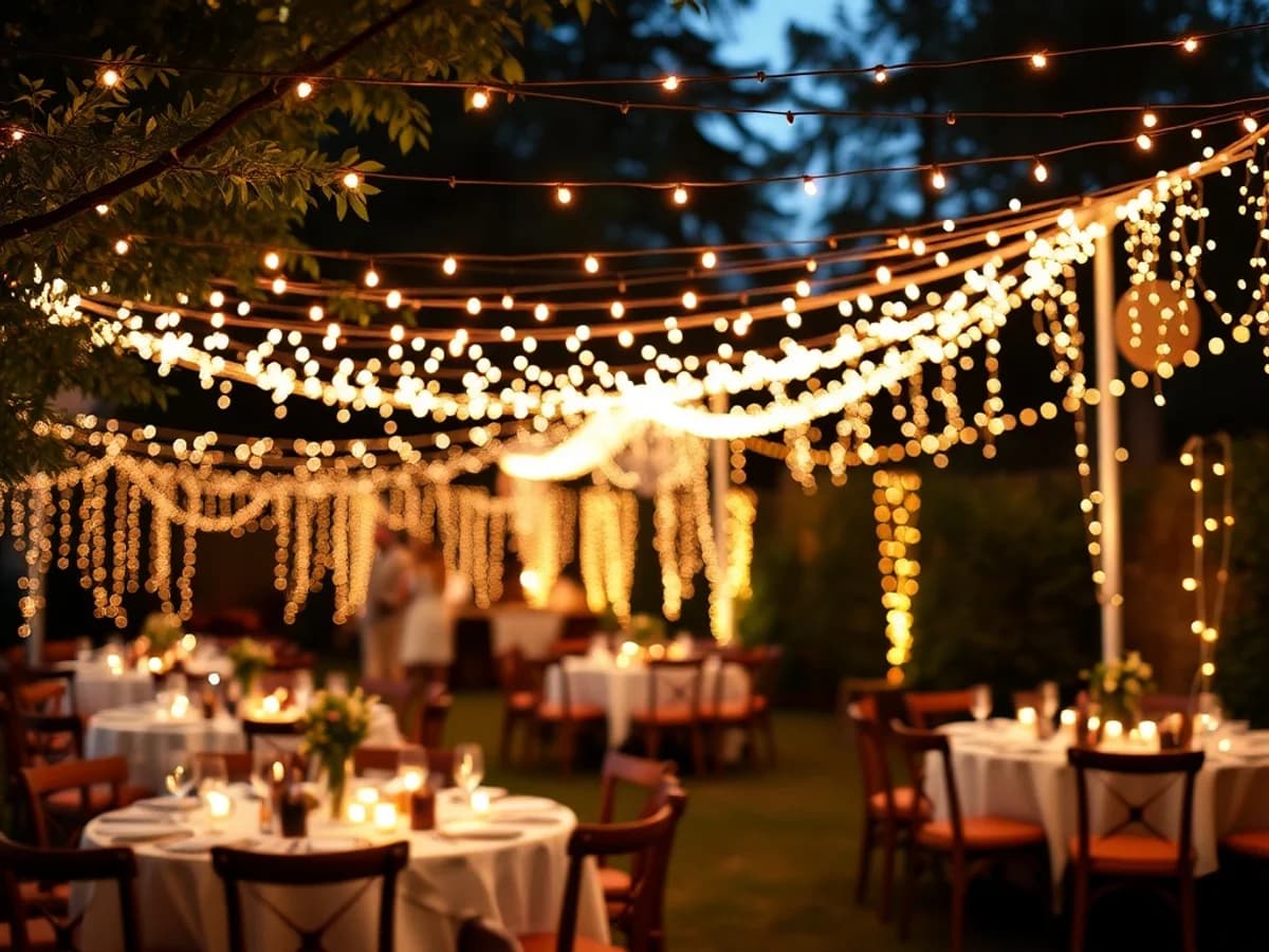 Warm string lights and fairy lights creating glowing party ambience at an outdoor evening event