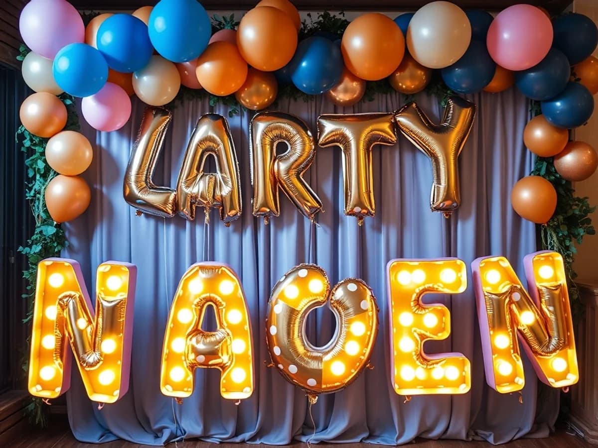 Personalized name balloon letters and custom message garlands at a celebration party backdrop