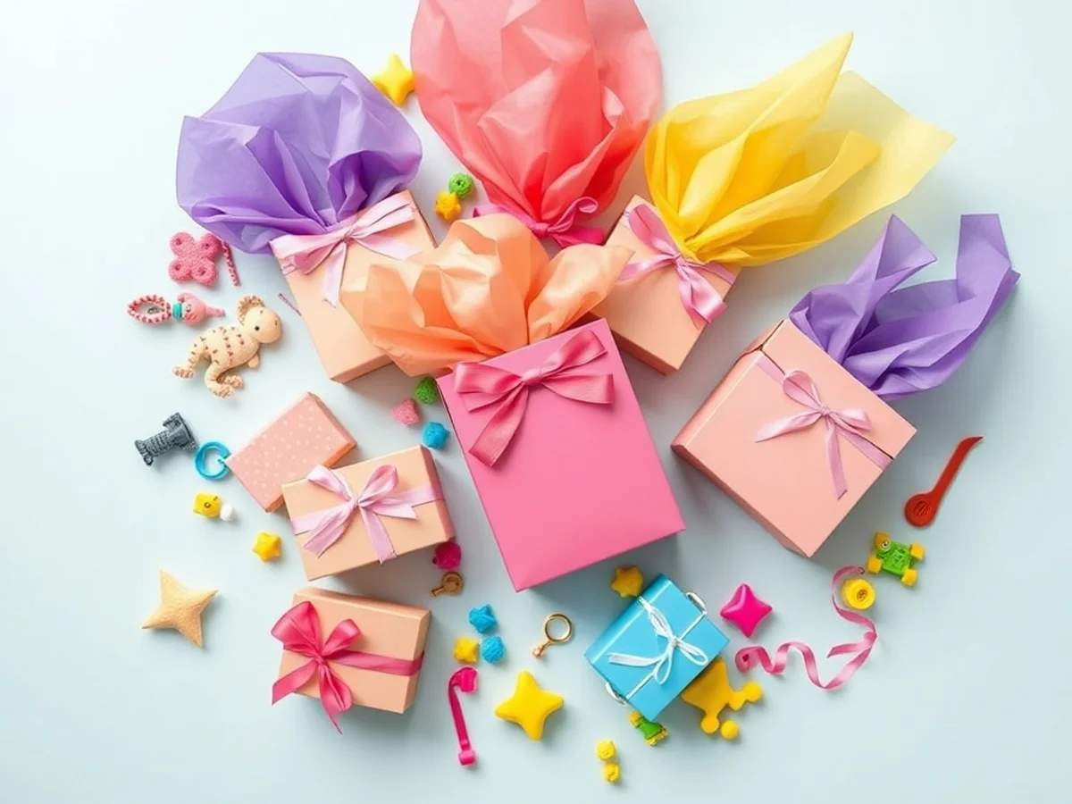 Colourful party loot bags and favour boxes with tissue paper and ribbon for kids' birthday parties
