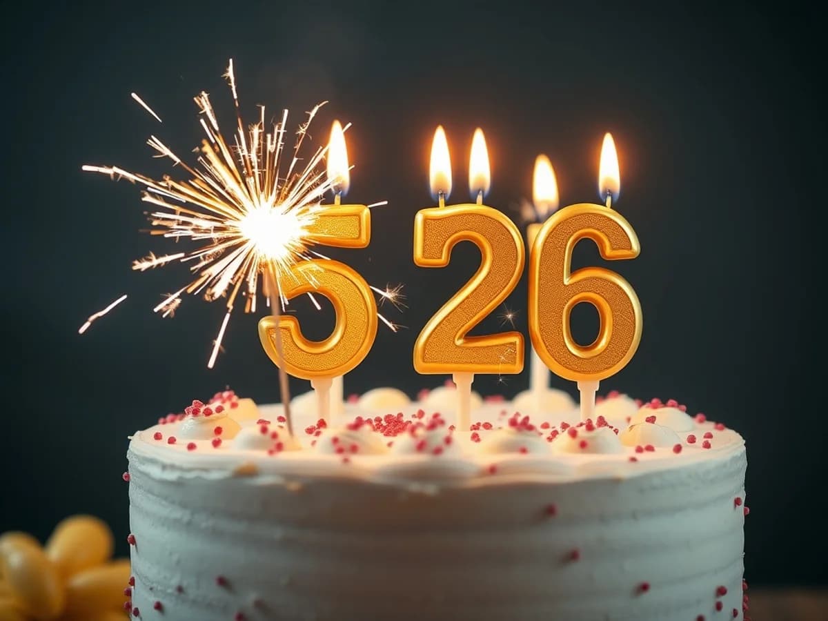 Gold sparkler and number birthday candles lit on a decorated celebration cake
