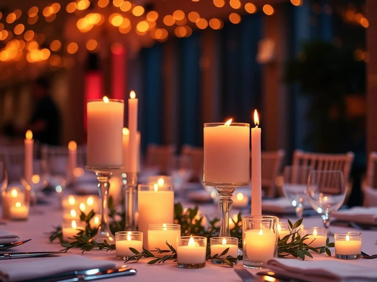 Pillar candles and tea lights creating warm candlelit ambience on a party dinner table