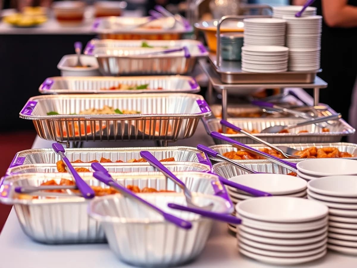 Party catering supplies including serving trays, foil pans and bowls at a buffet table setup