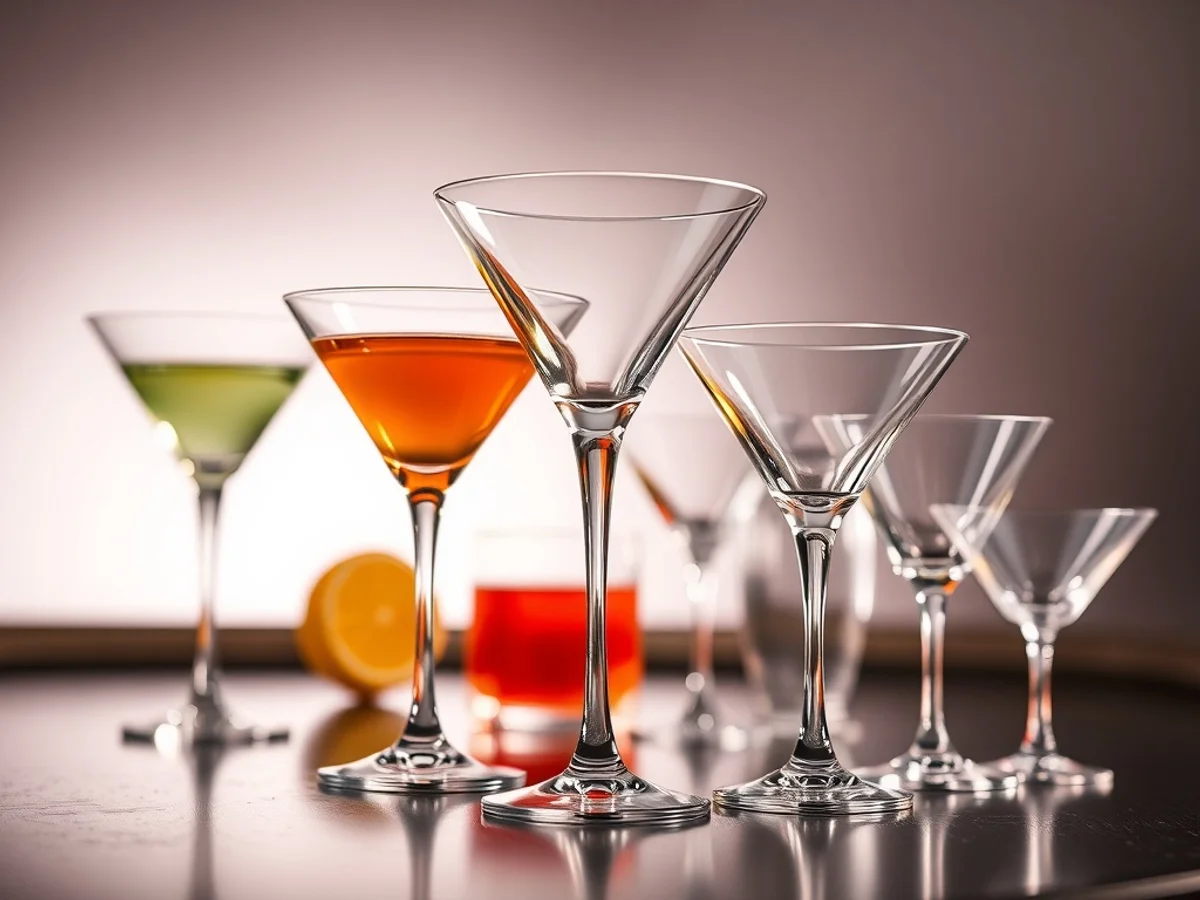 Plastic martini and cocktail glasses arranged for a stylish party bar setup