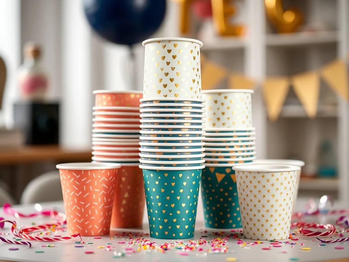 Patterned party cups in coordinated colours and designs on a festive celebration table