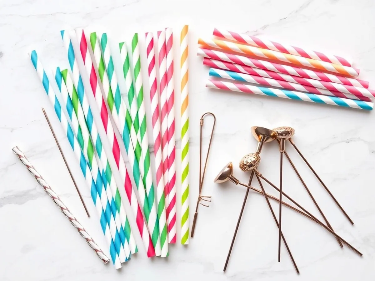 Colourful paper straws and metallic drink stirrers arranged in glasses at a party bar