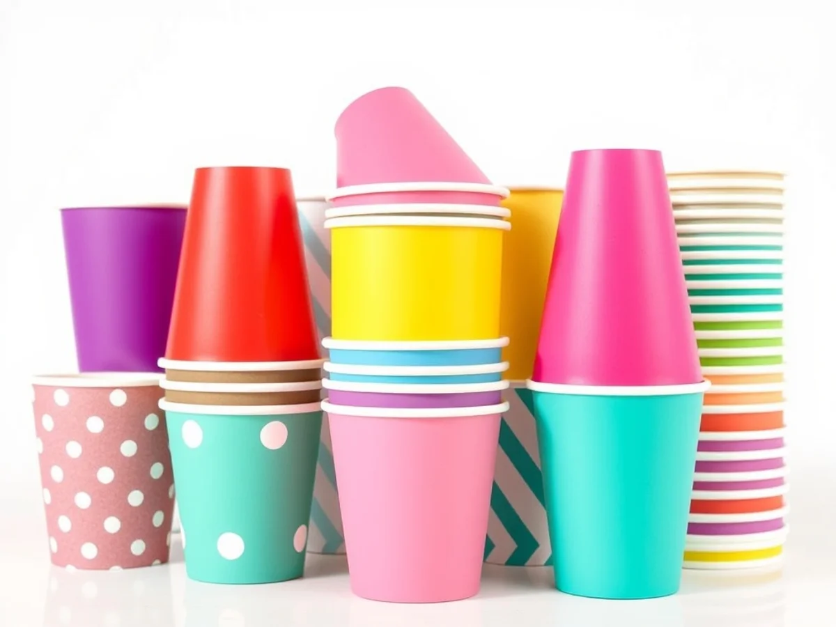 Stacked colourful paper cups for parties in assorted designs and solid colours