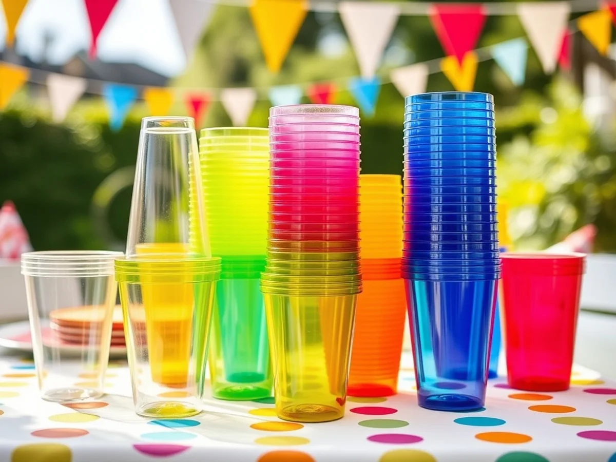 Clear and coloured plastic party cups stacked for a large outdoor celebration