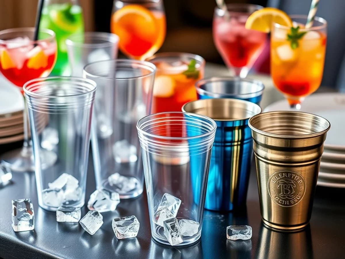 Clear and coloured plastic tumblers on a cocktail party table with ice and drinks
