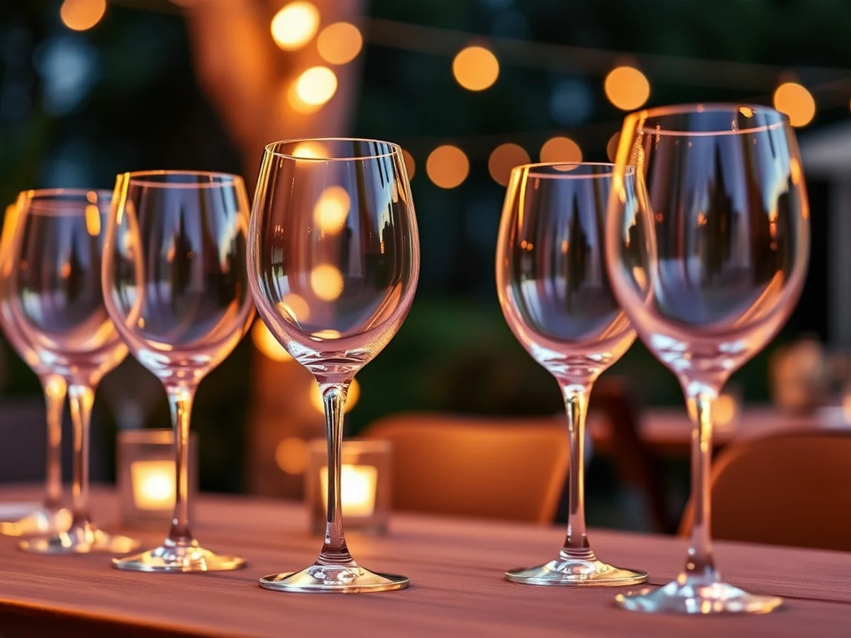 Elegant plastic stemmed wine glasses on a decorated outdoor dinner table