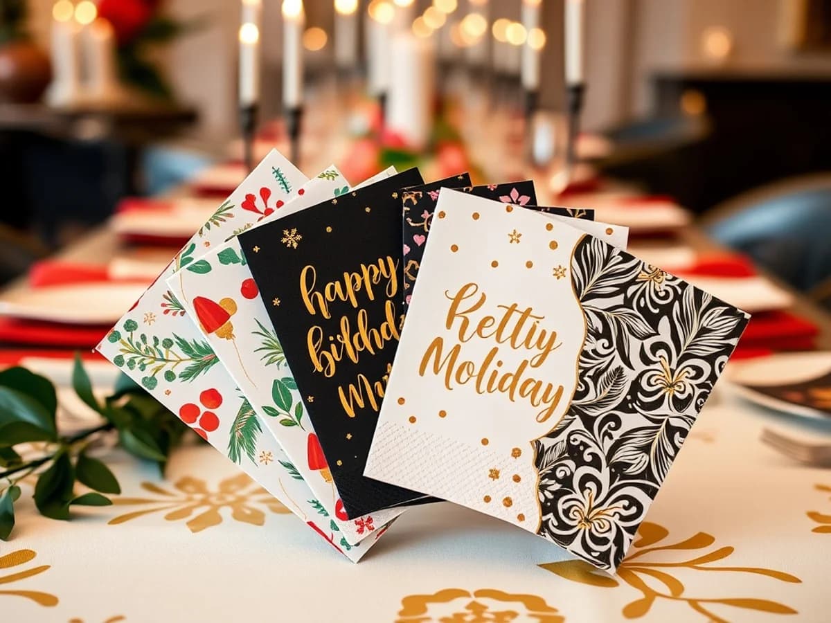 Themed printed birthday and holiday napkins fanned out on a decorated party table