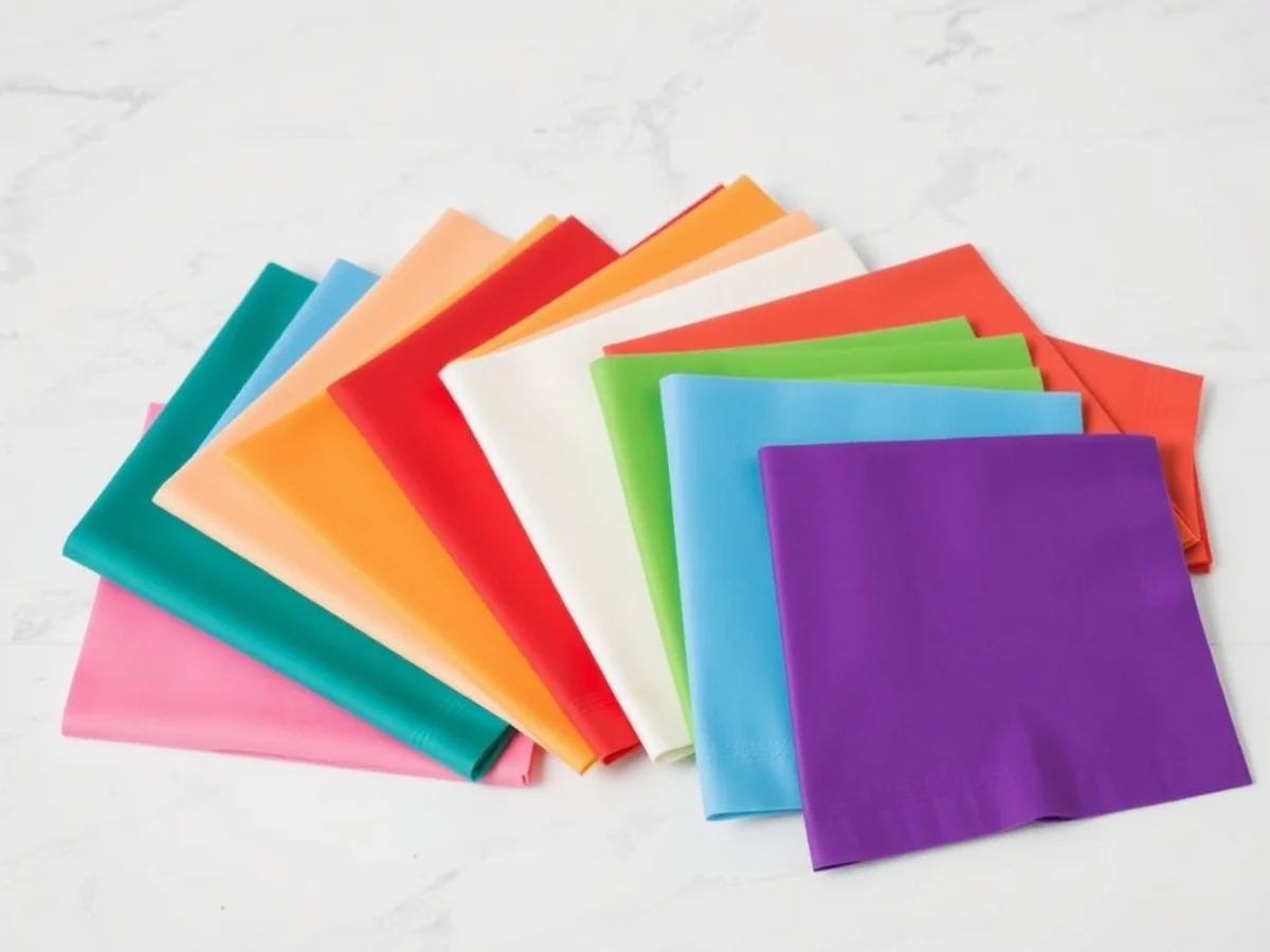 Solid colour party napkins in a variety of shades fanned out for a colour-blocked table setting