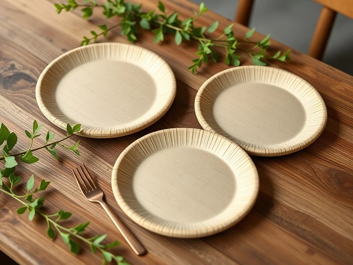 Natural compostable sugarcane party plates arranged on a rustic outdoor table setting