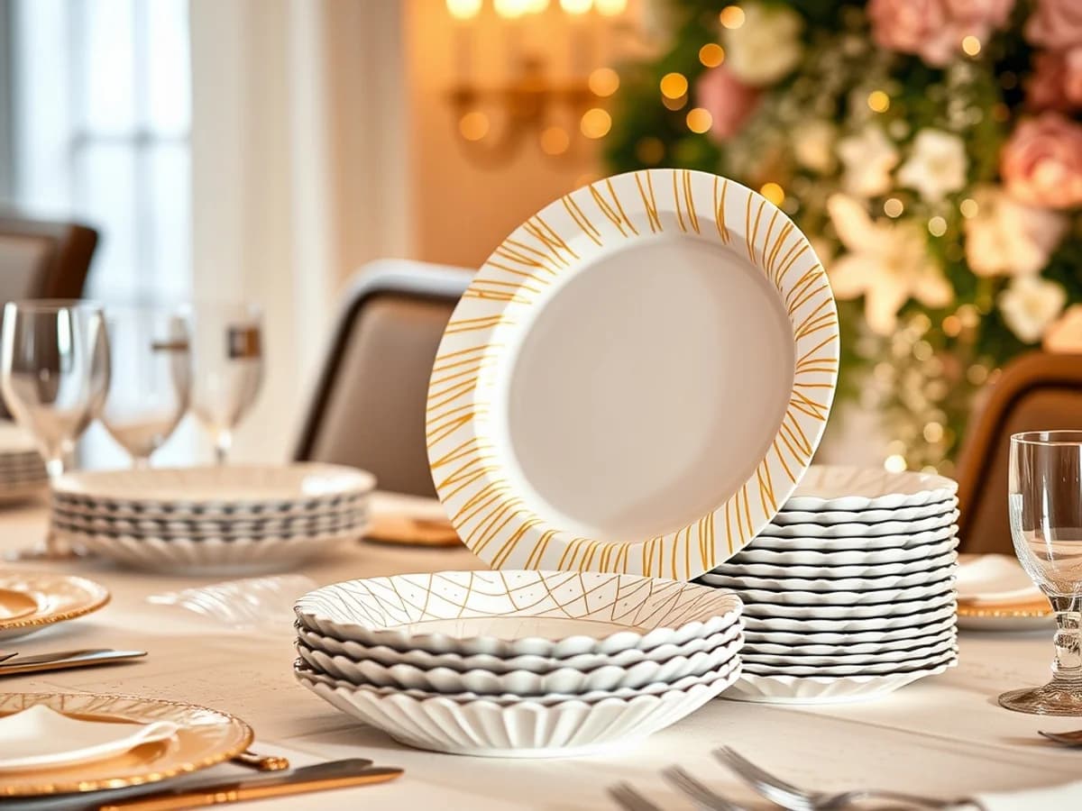 Premium patterned paper plates in gold and white arranged on a decorated party table