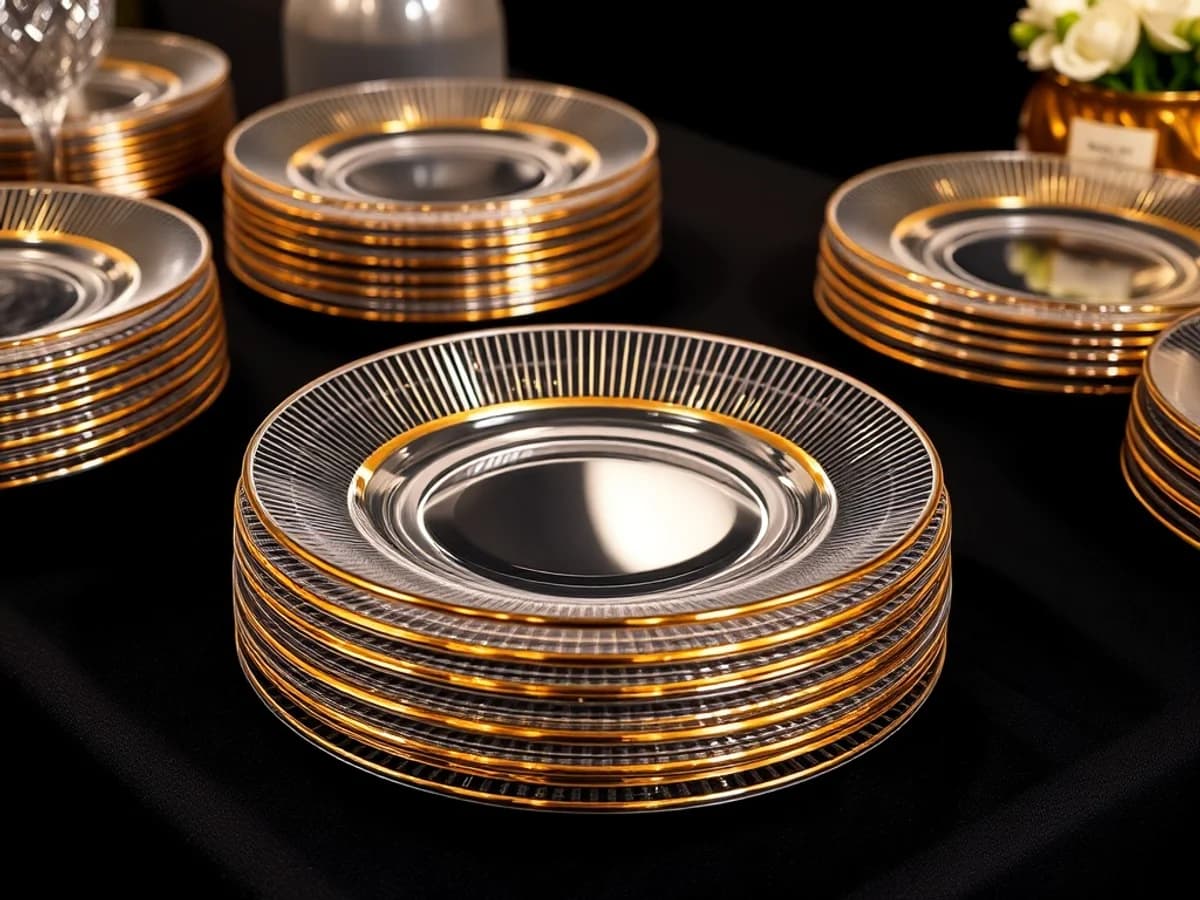 Clear and metallic-rimmed plastic plates arranged elegantly on a party buffet table