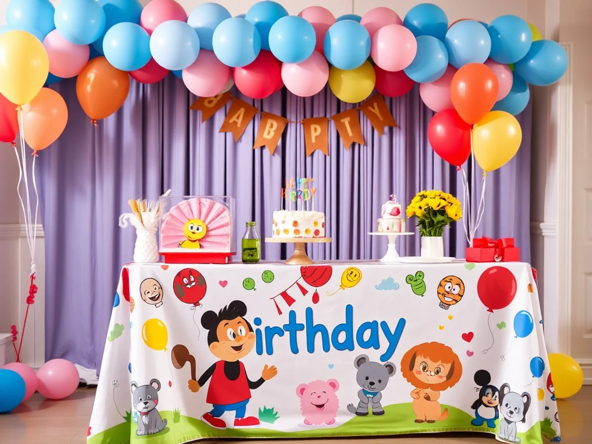 Themed birthday printed table cover on a decorated kids party buffet table