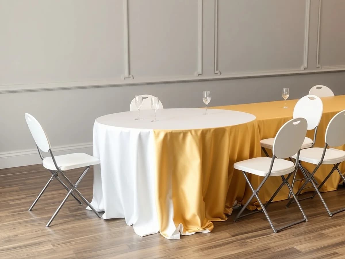 Solid colour party tablecloths in black, white and gold arranged on event tables