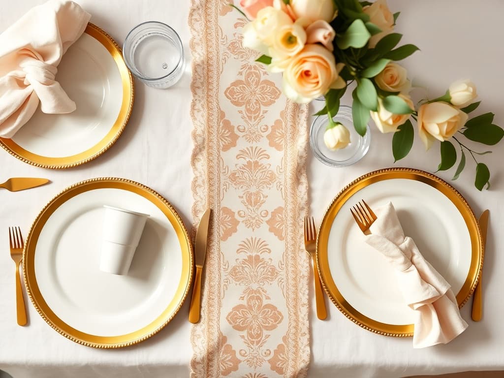 Elegant gold-rimmed party table setting with coordinated plates, cups and napkins