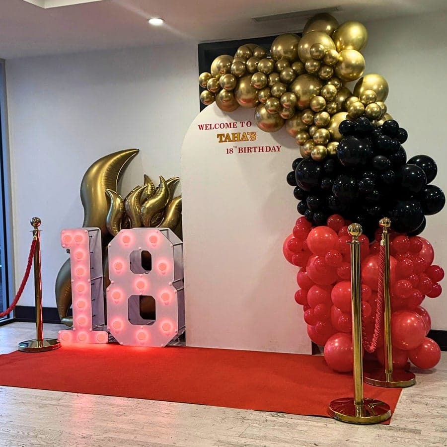 18th birthday milestone party setup with balloon decor by Party Boutiques Thornhill