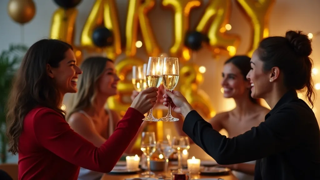 Friends raising champagne flutes in a toast at an adult birthday party with a gold balloon backdrop behind them in a Toronto condo
