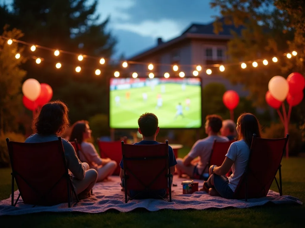 Backyard World Cup watch party at dusk with projector screen, string lights and red and white balloons in a Canadian garden