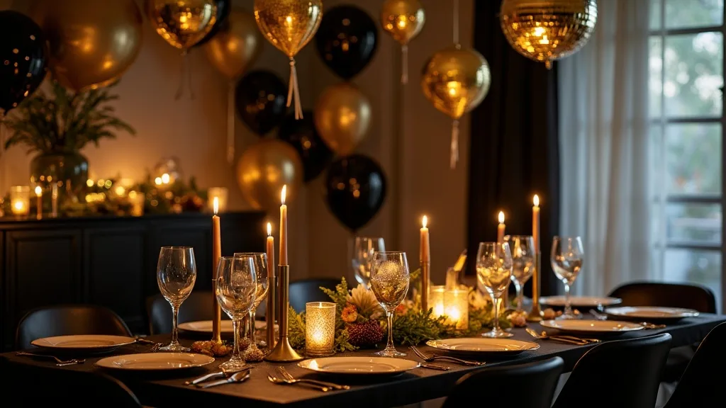 A glamorous black and gold adult birthday party table with gold and black balloons, a disco ball, candles and wine glasses in a GTA living room