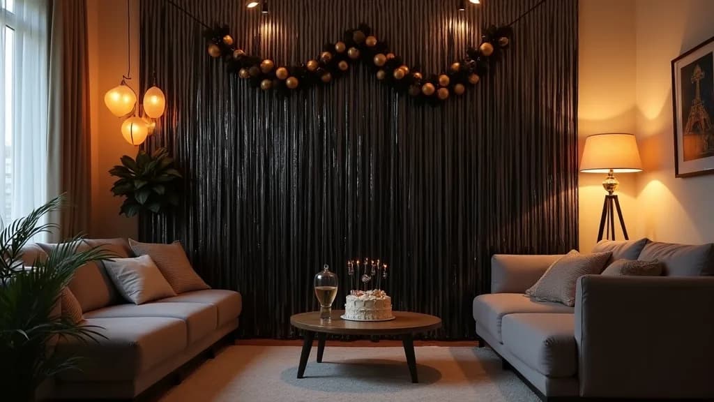 A single decorated feature wall with a black fringe curtain and balloon garland in a small living room, the rest of the room plain