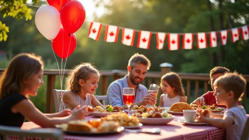 Canada Day backyard BBQ in the GTA decorated with red and white balloons, a Canada flag garland and maple leaf tableware