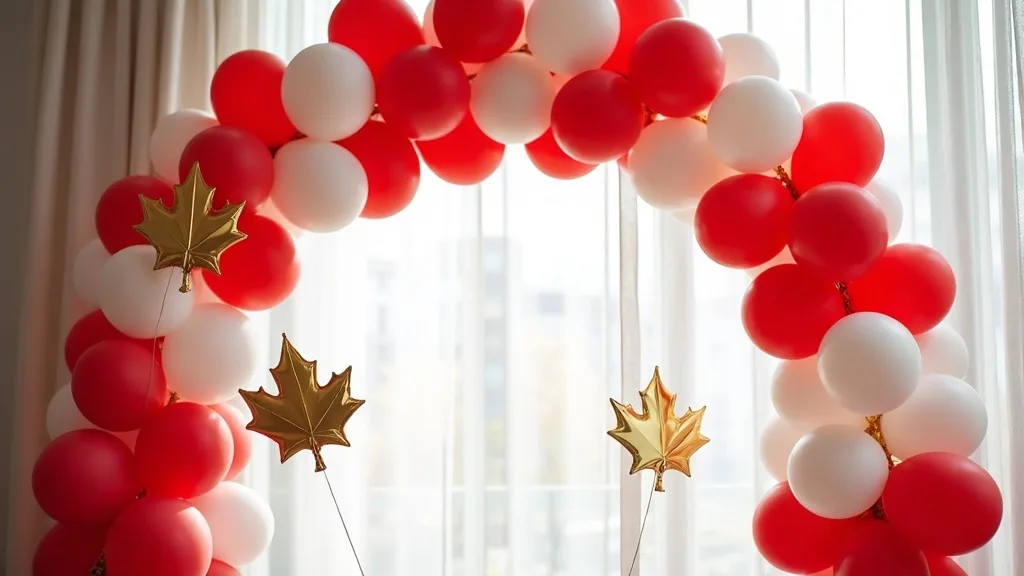 Red and white Canada Day balloon arch with maple leaf foil balloons set up for a party in Thornhill Ontario