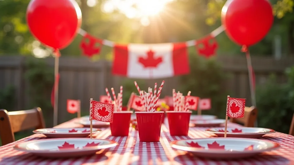 Canada Day party supplies on a backyard table in Toronto with red and white balloons, maple leaf napkins and a Canada flag banner