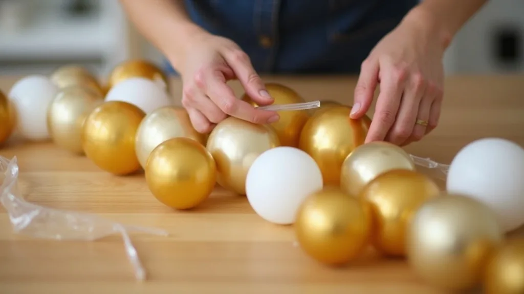 Hands assembling a DIY balloon garland from a balloon arch kit with gold and white latex balloons on a decorating strip