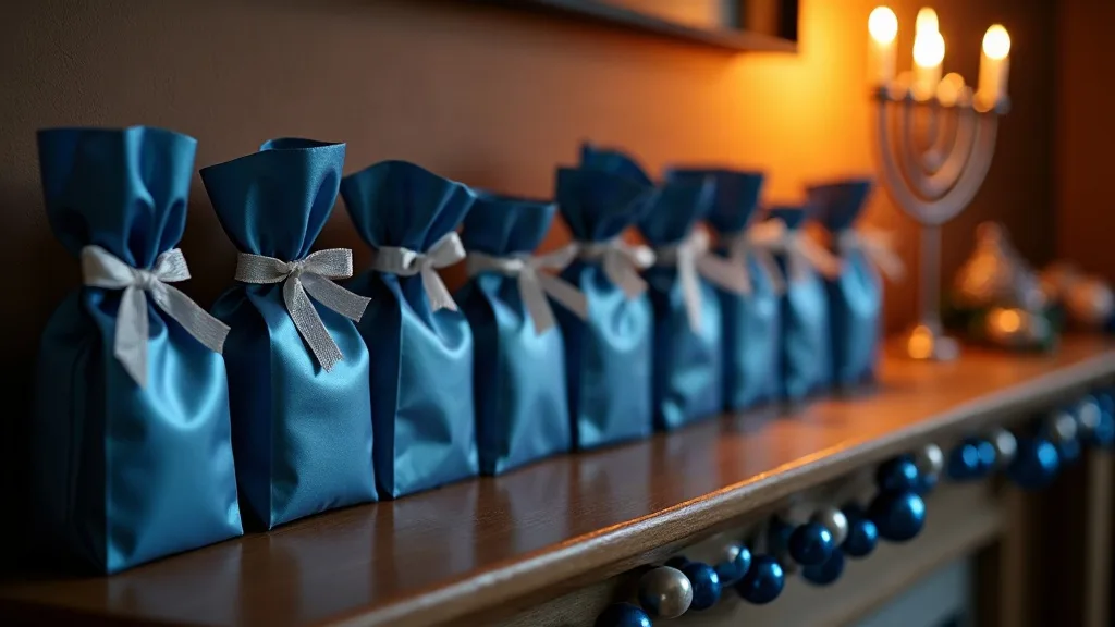 Eight small blue and silver gift bags in a row along a mantelpiece beside a lit menorah