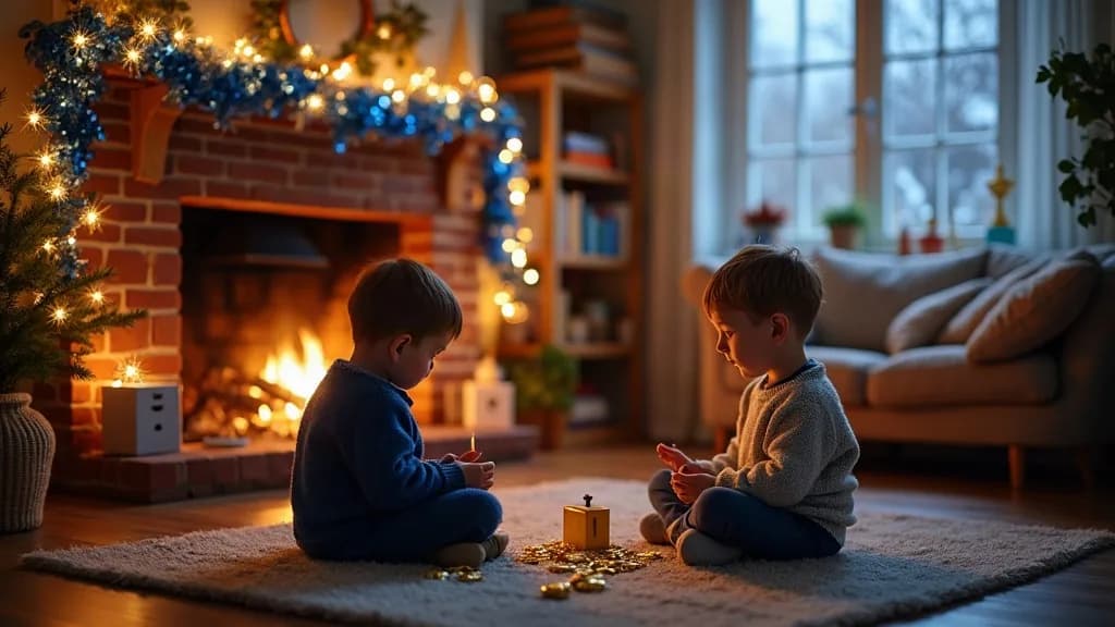 Hanukkah decorations in a family living room with blue and silver garland on the mantel and two children spinning a dreidel